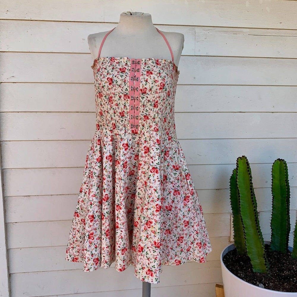 Vintage Betsey Johnson 90 2000 y2k Corset Floral Halter Strapless Full Sun Dress